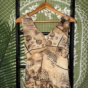 Vintage Abstract Mixed Print V-Neck Midi Dress